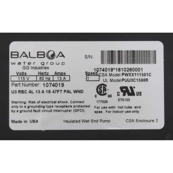 Pump, Bath, BWG Power WOW, 1.5hp, 115v, 1-Spd, 13A, Nema Cord : 1074019