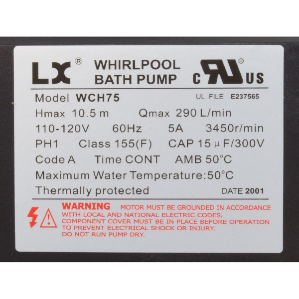 Pump, Bath, LX WCH, 5.0A, 115v, 1.5", w/Air Switch : WCH75