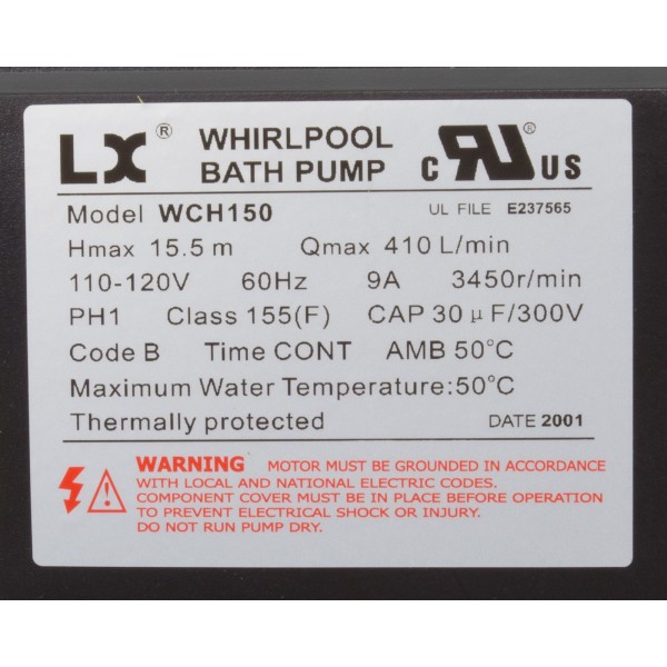 Pump, Bath, LX WCH, 9.0A, 115v, 1.5", w/Air Switch : WCH150