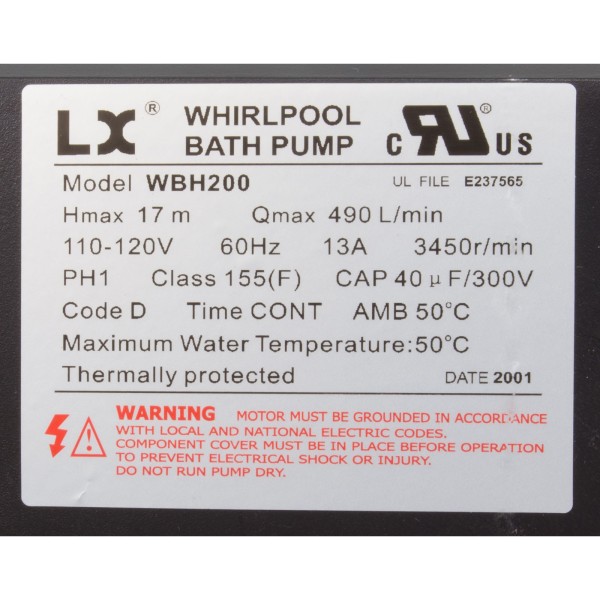 Pump, Bath, LX WBH, 13.0A, 115v, 1.5", w/Air Switch : WBH200