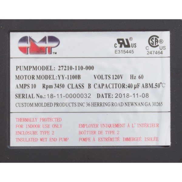 Pump, Bath, CMP Nexxus, 115v, 1-1/2"mbt, 10.0A, Nema Cord, OEM, AS : 27210-110-000
