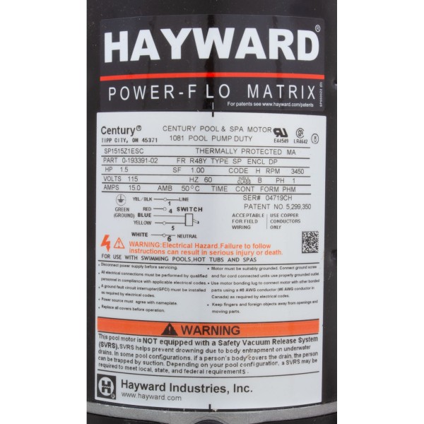 Pump, Hayward Powerflo, 1.5hp, 115V, 6"Crd, Expert Line, w/Switch : SP1593