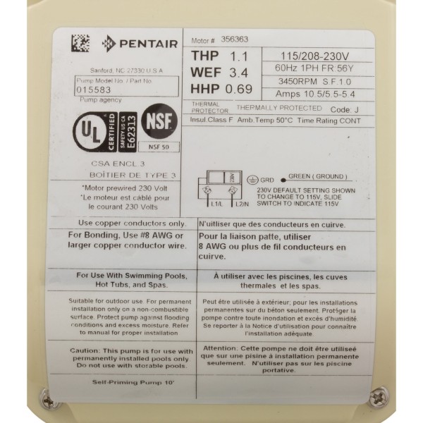Pump, Pentair WF, 1.1hp, 115/208-230v, 1-Spd, Prem Eff, TEFC : 015583