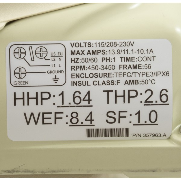 Pump, Pentair WhisperFlo VST, 2.6thp, 115v/208-230v, 2" : 011533