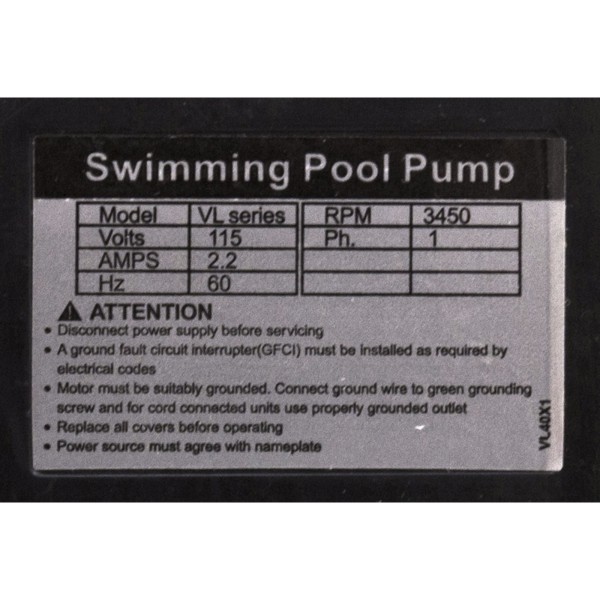 Pump, Hayward VL Series, 115v, 1-Spd, w/o Strainer, OEM : VLX4009