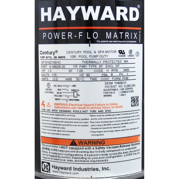 Pump, Hayward PowerFlo Matrix, 1.0hp, 115V, 6" Cord : W3SP1592