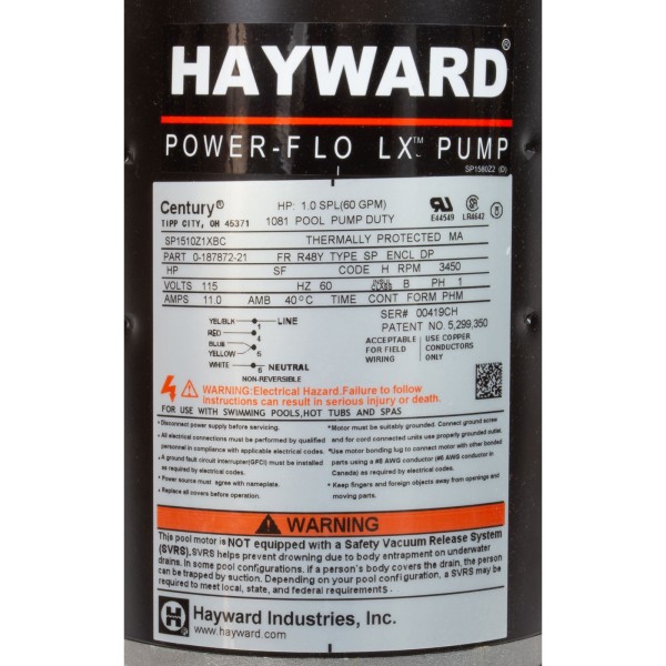 Pump, Hywrd, PowerFlo LX, 1.0hp, 115v, 1Spd, 1-1/2", Nema, Exprt Ln : SP1580