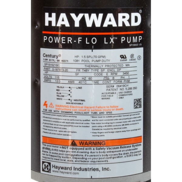 Pump, Hayward PwrFlo LX, 1.5hp, 115v, 1Spd, 1.5", Nema, Exprt Ln : SP1580X15