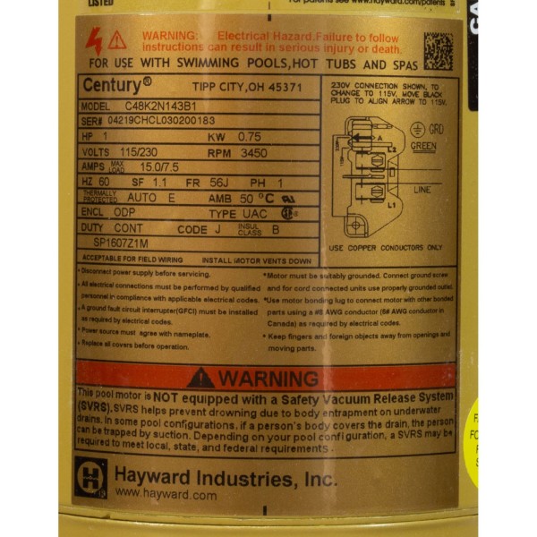 Pump, Hayward, 1HP Super Pump, 115V/230V, 1Spd, Expert Line : SP2607X10