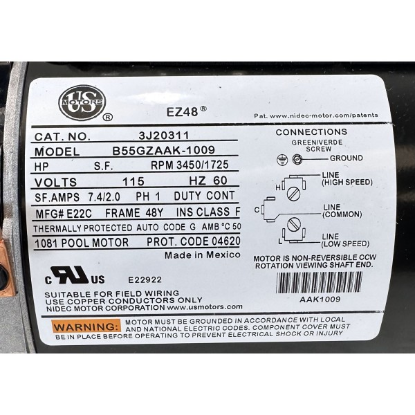 Pump, WW Hi-Flo II, 1.0SPL, 2-Spd, 115v, 6"Trp, ft Nema, Vert : SD-07-2-N