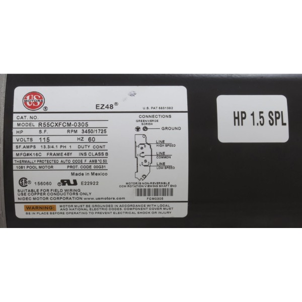 Pump, WW Exec, 1.5SPL, 115v, 2-Spd, 48fr, 2", OEM : 3420610-1A
