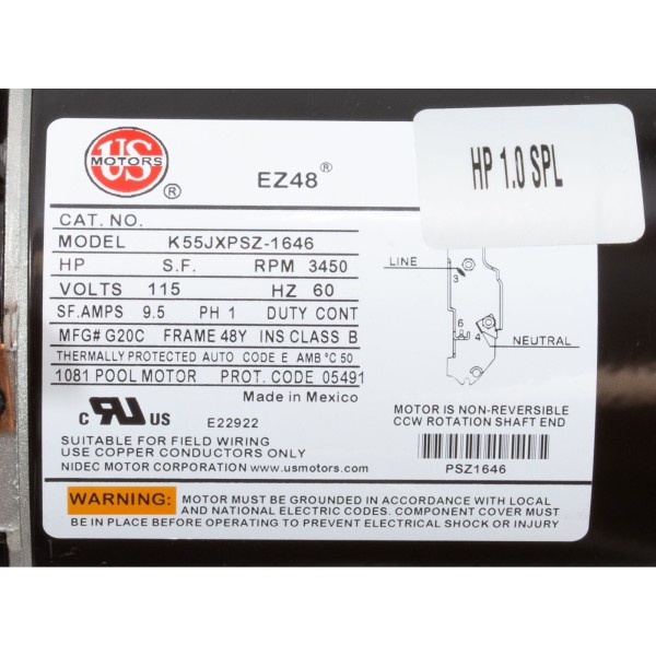 Pump, WW E-Series, 1.0SPL, 115v, 1-Spd, 48fr, 1-1/2", OEM : 3410410-15