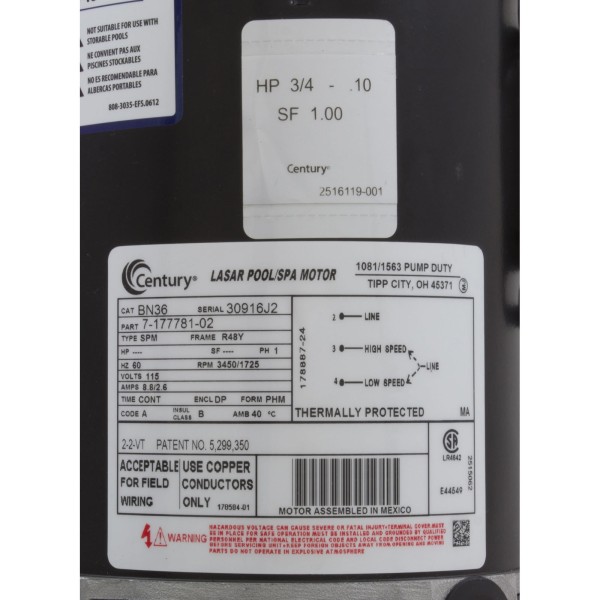 Pump, WW E-Series, 0.75hp, 115v, 2-Spd, 48fr, 1-1/2", OEM : 3420310-15