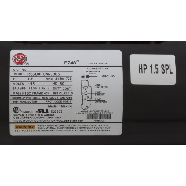 Pump, WW E-Series, 1.5SPL, 115v, 2-Spd, 48fr, 1-1/2", OEM : 3420610-15
