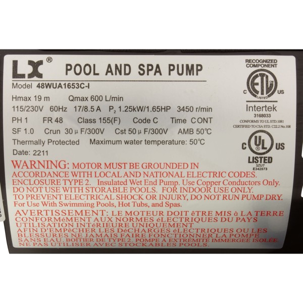 Pump, LX 48WUA, 1.65hp, 115v/230v, 1-Spd, 48Fr, 2" : 48WUA1653C-I