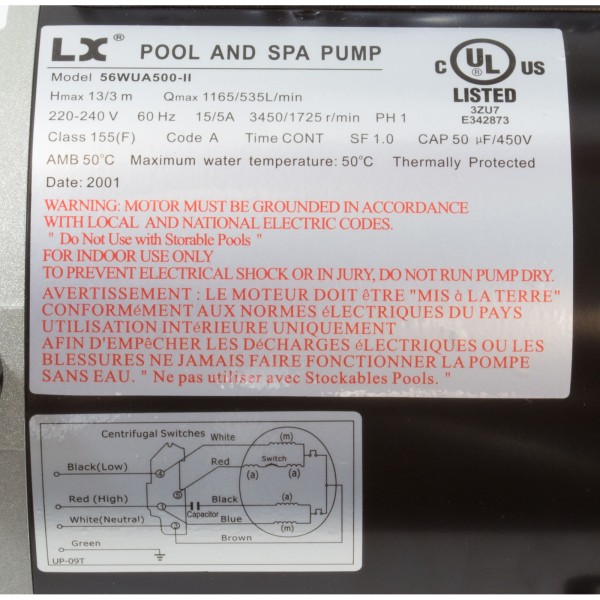 Pump, LX 56WUA, 5.0hp, 230v, 2-Spd, 56Fr, 2.5" x 2.5", SD : 56WUA500-II