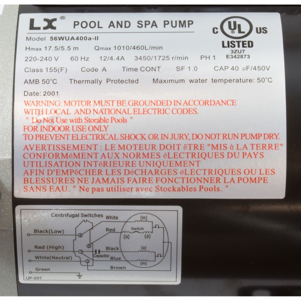 Pump, LX 56WUA, 4.0hp, 230v, 2-Spd, 56Fr, 2.5" x 2.5", SD : 56WUA400A-II
