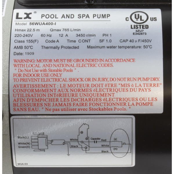 Pump, LX 56WUA, 4.0hp, 230v, 1-Spd, 56Fr, 2", SD, Bracketless : 56WUA400-I(NF)