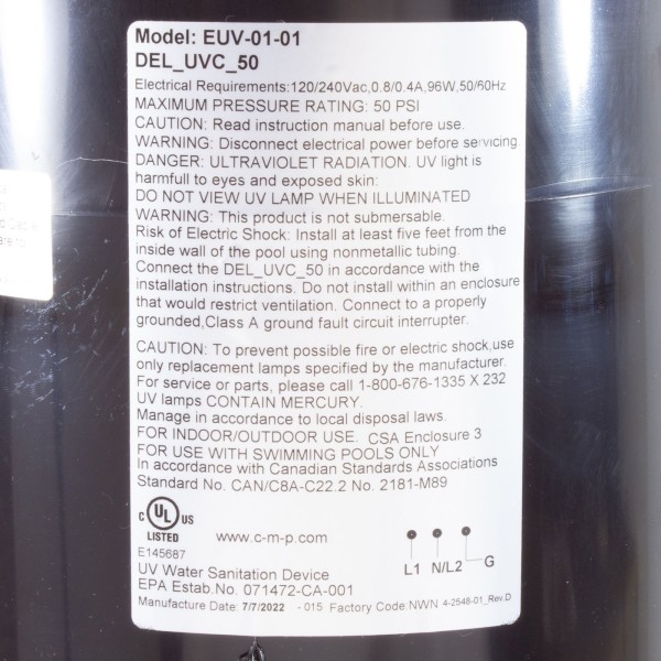 UV Sanitizer, Del Ozone UV-C 50, 115v/230v, Up To 50k Gallons : EUV-01-01