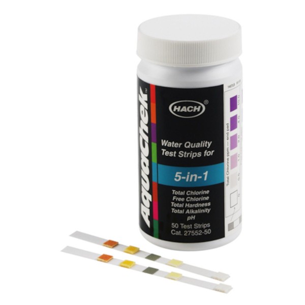 Water Testing, Test Strips, AquaCheck, 5 in 1, Free Chlorine, Total Chlorine, Alk, Hardness, Ph, Case of 12- 50ct : 2755250