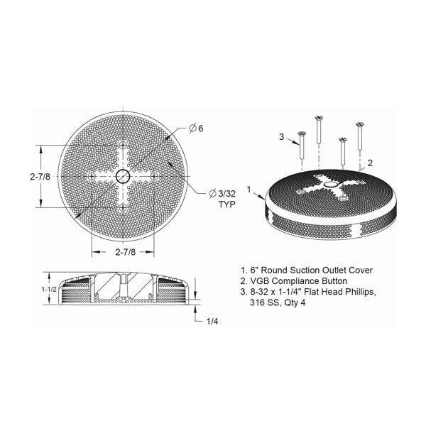 Suction Cover, AquaStar, VGB, Hydro-Air 6"Diameter, White : 6HPHA101