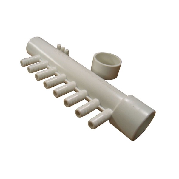 Manifold, PVC, Gentekk, 1"Slip x 1"Spigot x 8 3/8"Ribbed Barb Ports w/2 Plugs : 8PSM1XSP