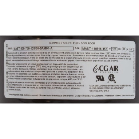 Blower, CG Air Millenium, 115v, 9.5A, w/Heater, Mflr, Hrd Wre, AS : Mast-300-750-120/60A