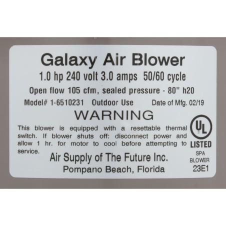 Blower, Air Supply Galaxy V2, 1.0hp, 230v, 3.0A, Hardwire : 6510231