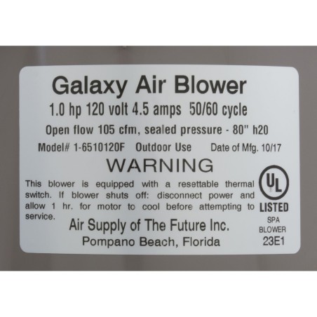 Blower, Air Supply Galaxy Pro, 1.0hp, 115v, 4.5A, Hardwire : 6510131