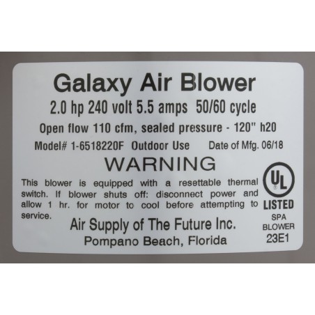 Blower, Air Supply Galaxy Pro, 2.0hp, 230v, 5.5A, Hardwire : 6520231
