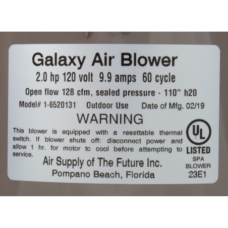 Blower, Air Supply Galaxy V2, 2.0hp, 115v, 9.9A, Hardwire : 6520131