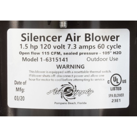 Blower, Air Supply Silencer, 1.5hp, 115v, 7.3A : 6315141