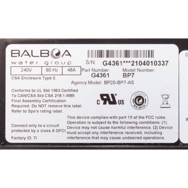 Control Only, Balboa Water Group BP7, 4.0kW, w/ Plug-n-Click : G4361