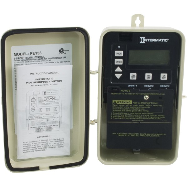 Time Clock, Intermatic PE153, 24 hr, 115v/230v, 3PST, Digital : PE153