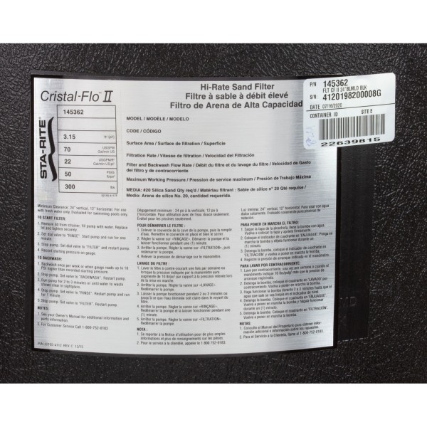 Sand Filter, Pentair CristalFlo II, 24", w/ 1-1/2" MPV : 145362