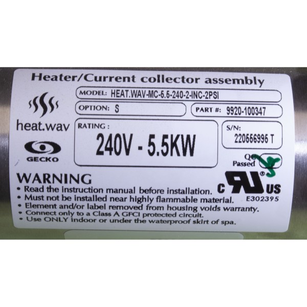 Heater, FloThru, Gecko M-Class, 5.5kW, 15"x2", 230v, w/ PS, OEM : 9920-100347