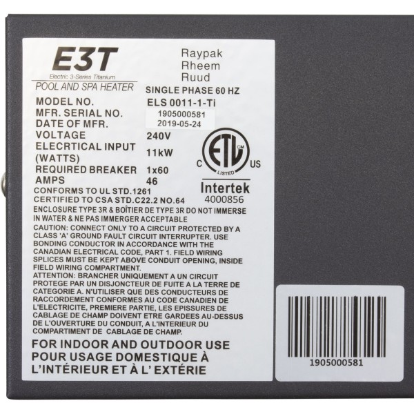 Digital Electric Heater, Raypak E3T, 1-1/2" mpt, 230v, 11kW : 017122