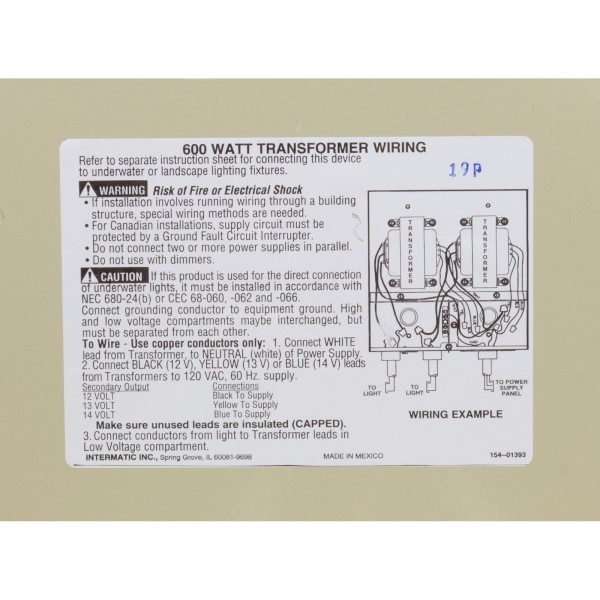 Transformer, Intermatic, 115v, 12v/13v/14v, 600w : PX600