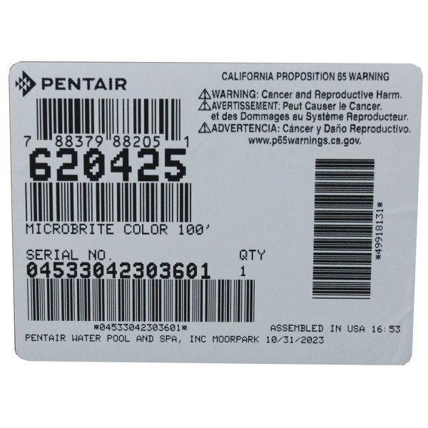Pool Light, Pentair Microbrite, Color LED, 12vac, 100ft Cord, TG : 620425