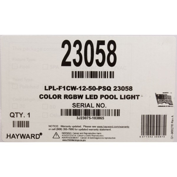 Pool Light, Color Splash XGW 300, RGBW LED, 12V, 39W, 50ft, SQ : LPL-F1CW-12-50-PSQ