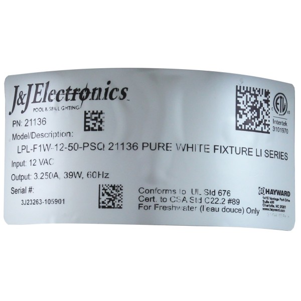 Pool Light, PureWhite LED, 12V, 39W, 50ft, 300W Equivalent, SQ : LPL-F1W-12-50-PSQ