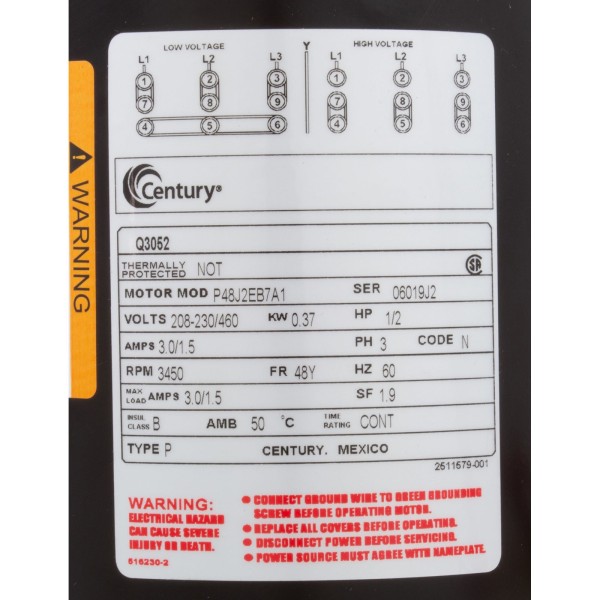 Mtr, Cent, .5Hp, 208-230/460V, 3Ph, 1-Sp, Sf1.9, 48Yfr 3450Rpm : Q3052