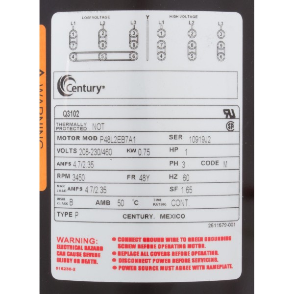 Mtr, Cent, 1Hp, 208-230/460V, 3Ph, 1-Sp, Sf1.5, 48Yfr 3450Rpm : Q3102