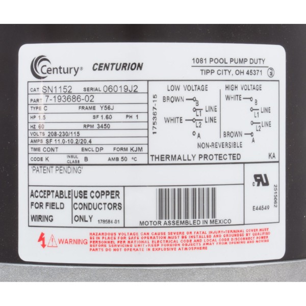 Mtr, Cent, 1.5Hp, 115/208-230V, 1-Sp, Sf1.6, 56Jfr : SN1152