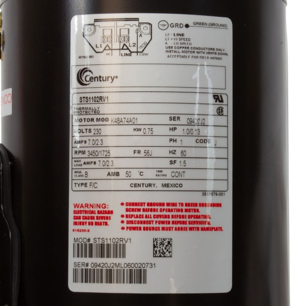 Mtr, Cent, 1/.13Hp, 230V, 2-Sp, Sf1.5, 56Jfr : STS1102RV1