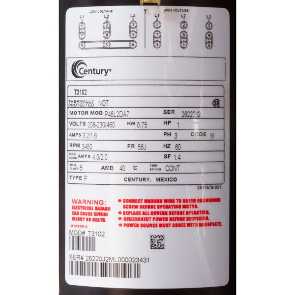 Mtr, Cent, 1Hp, 208-230/460V, 3Ph, 1-Sp, Sf1.4, 56Jfr 3450Rpm : T3102