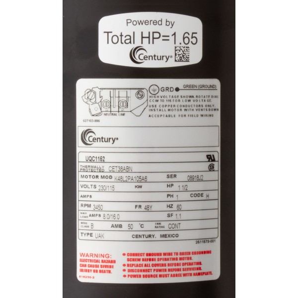 Mtr, Cent, 1.5Hp, 115/230V, 1-Sp, Sf1, 48Yfr : UQC1152
