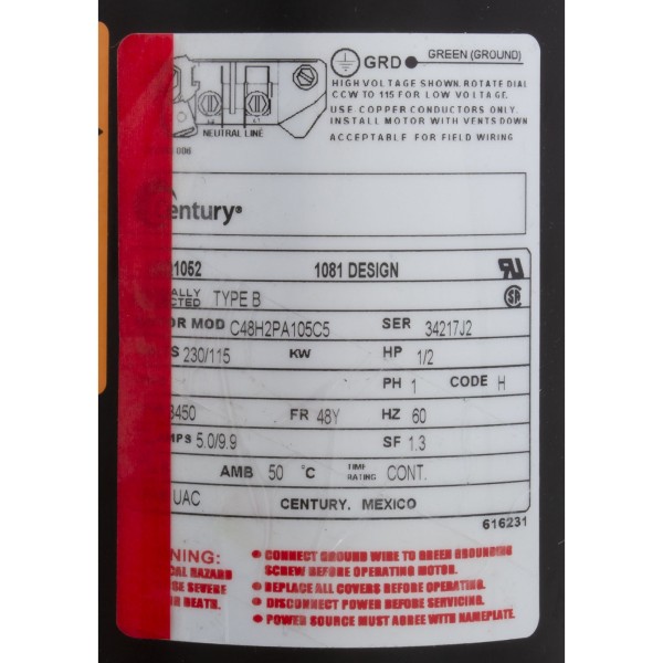 Mtr, Cent, .5Hp, 115/230V, 1-Sp, Sf1.3, 48Yfr : USQ1052