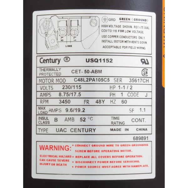Mtr, Cent, 1.5Hp, 115/230V, 1-Sp, Sf1.1, 48Yfr : USQ1152