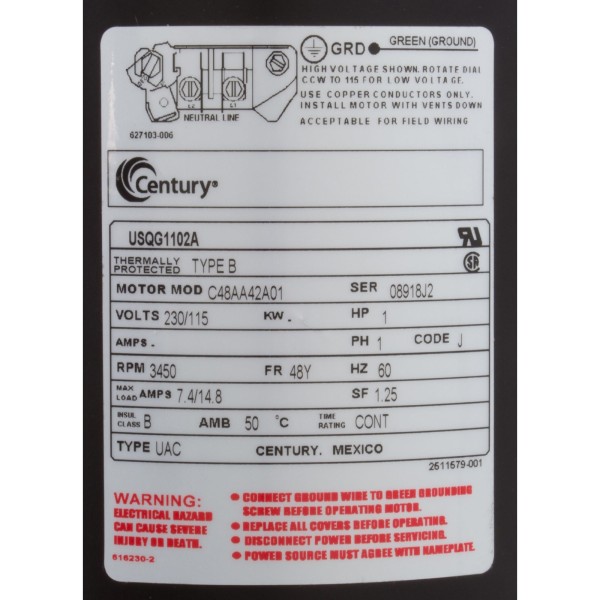 Mtr, Cent, 1Hp, 115/230V, 1-Sp, Sf1.25, 48Yfr : USQG1102A